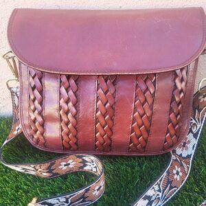 Etienne Aigner Vintage Handcrafted Leather Braided Crossbody Bag. Burgundy Brown